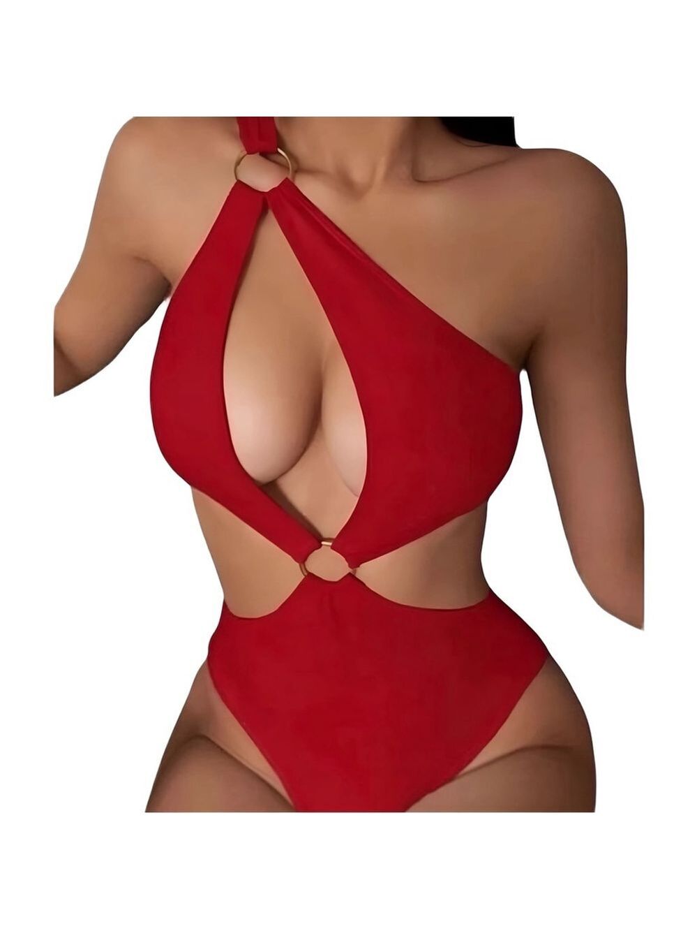 SHEIN Women's One Shoulder Cut-Out Swimsuit – O-Ring Accents, Red, Size Small